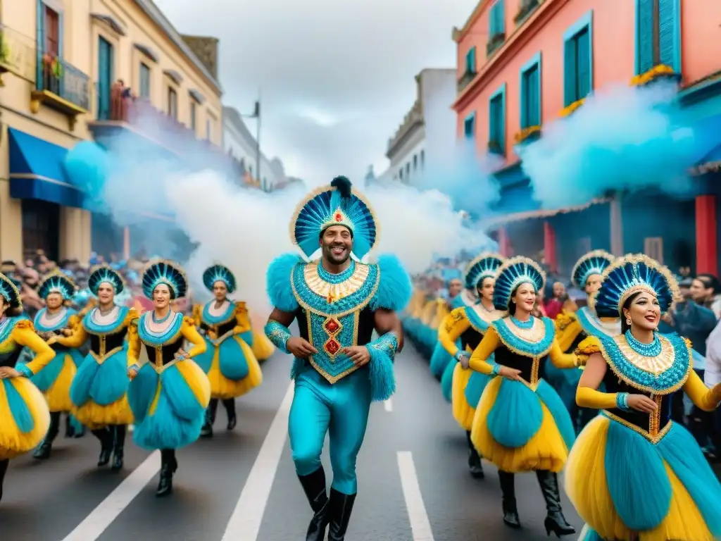 Desfile vibrante de Carnaval en Uruguay con detalles coloridos y energía festiva, ideal para el marketing de marcas en Carnaval Uruguayo