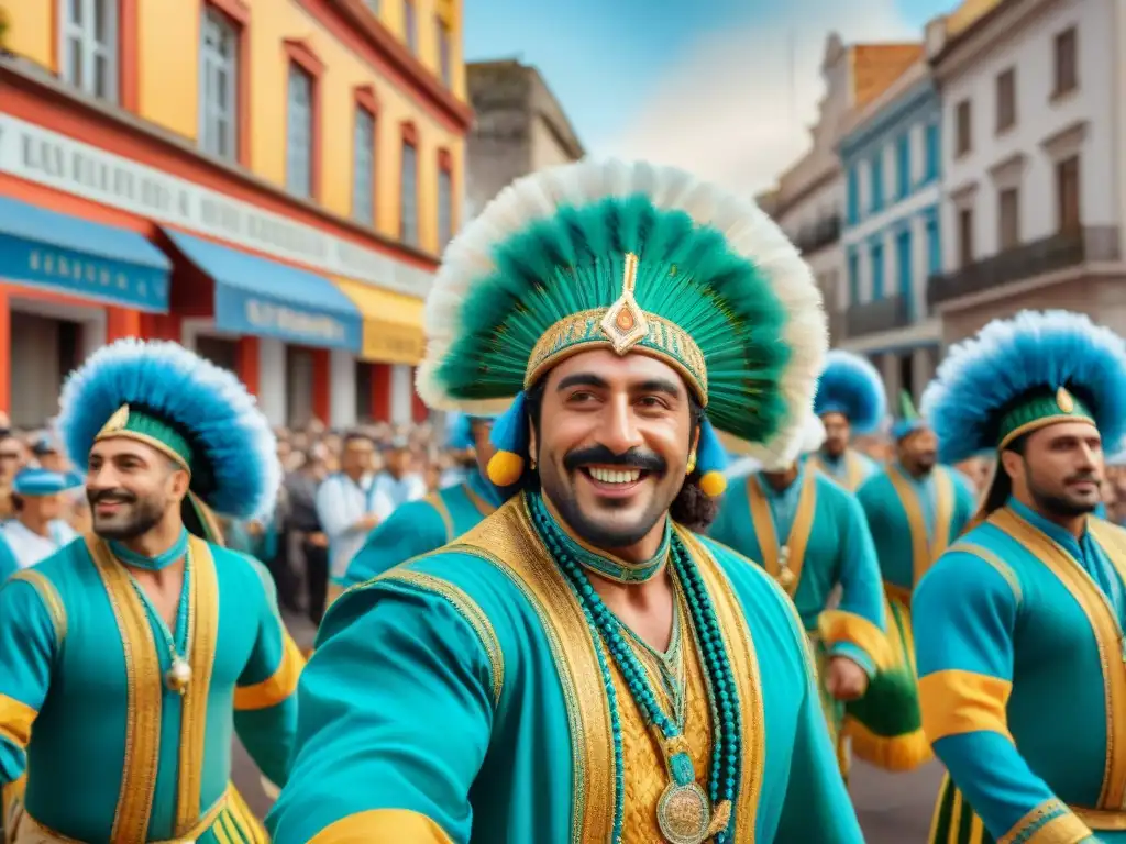 Desfile vibrante en el Carnaval de Uruguay, con detalles y colores que reflejan las transformaciones políticas en el Carnaval Uruguayo