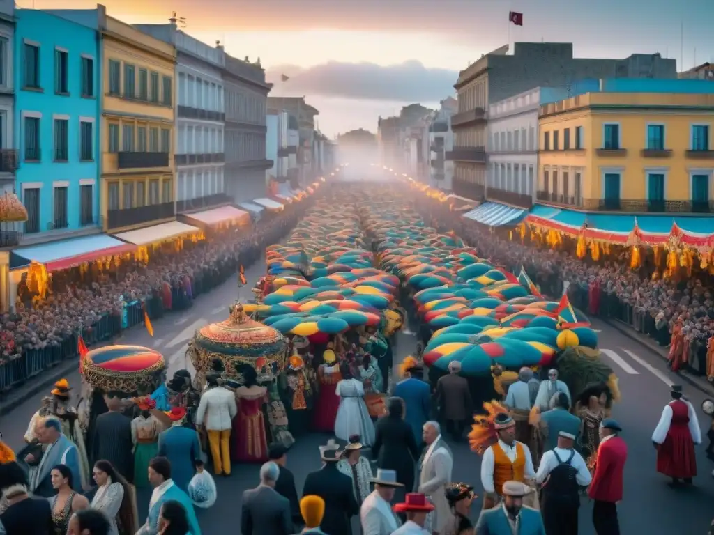 Desfile vibrante del Carnaval de Montevideo en Uruguay, con disfraces coloridos y festividad