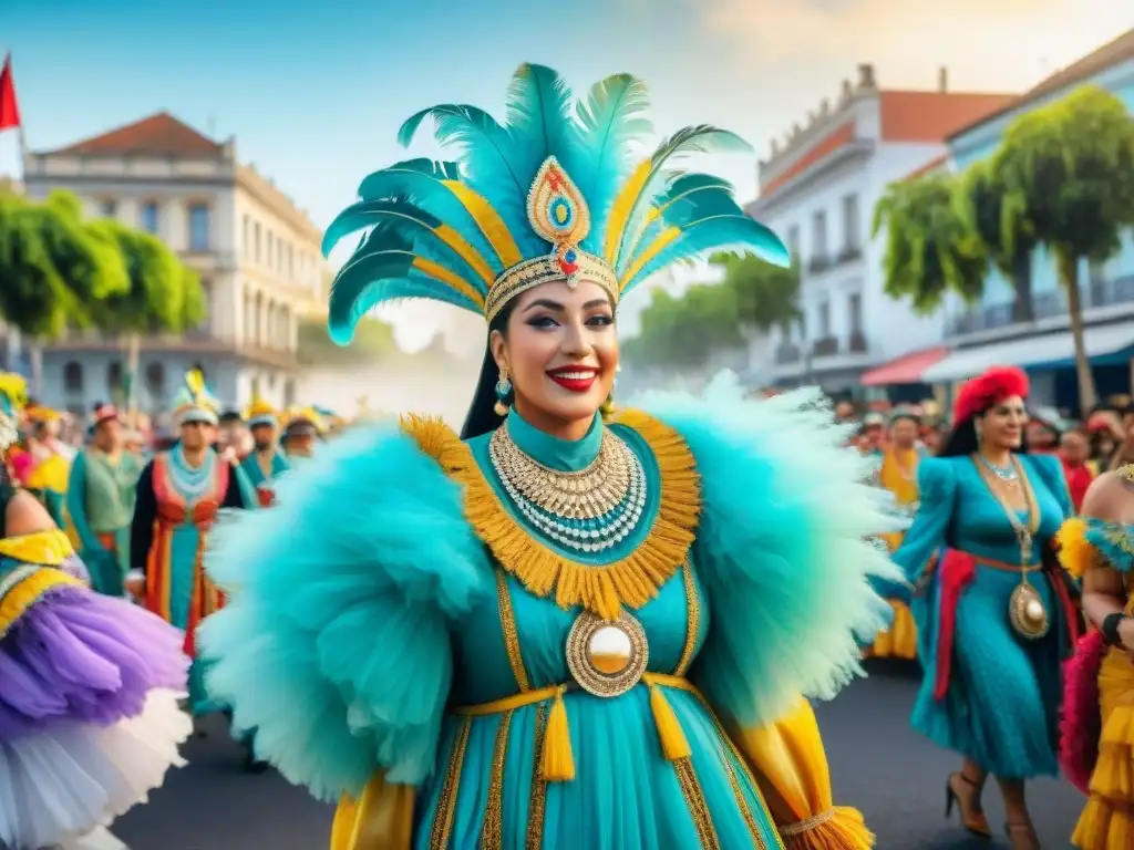 Desfile vibrante de Carnaval en Uruguay con disfraces creativos hechos de reciclaje, lleno de color y alegría