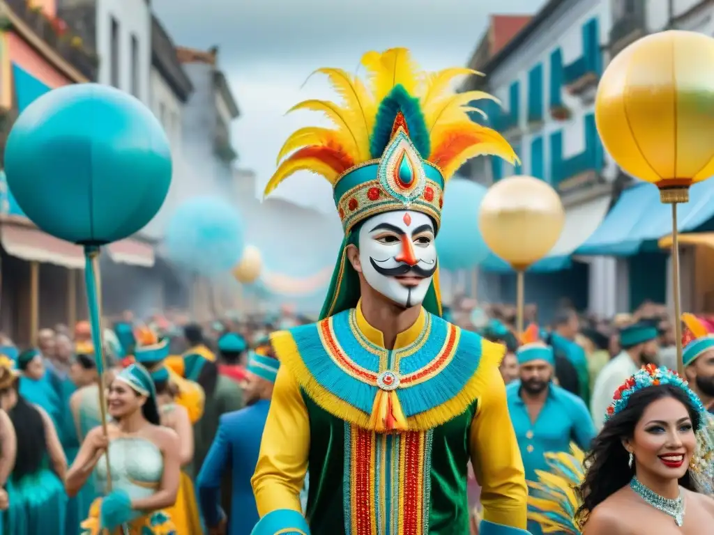 Desfile vibrante de Carnaval en Uruguay con ecoemprendimientos en floats y trajes, lleno de detalles tradicionales y sostenibles