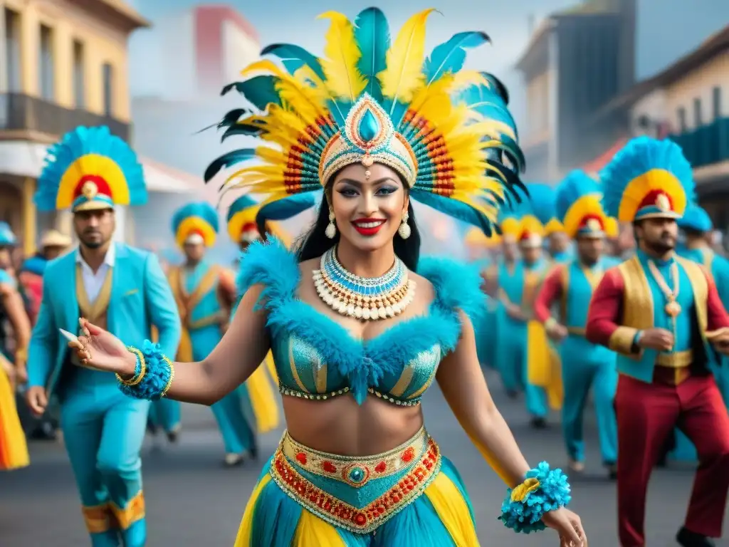 Desfile vibrante de carnaval en Uruguay con floats detallados y bailarines en trajes llamativos