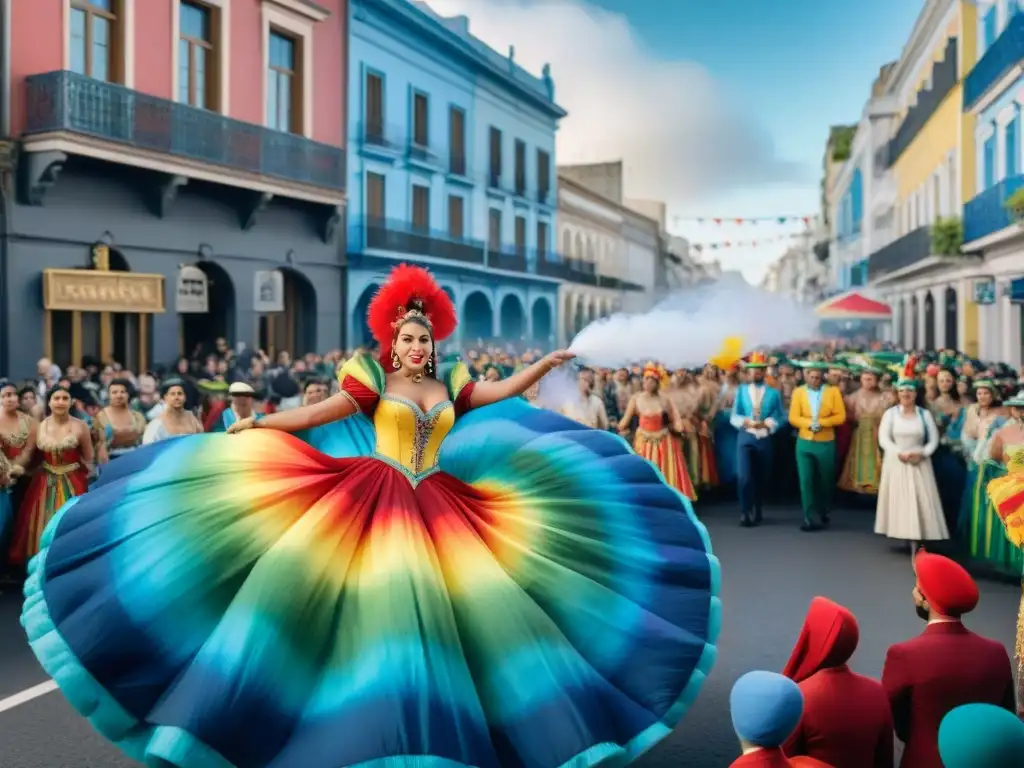 Desfile vibrante de Carnaval en Uruguay con floats y bailarines, destacando la importancia del seguro viaje Carnaval Uruguayo