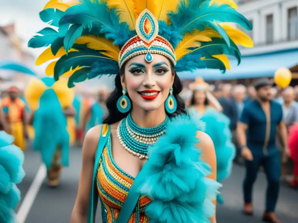 Desfile vibrante de Carnaval en Uruguay con floats coloridos y bailarines en trajes tradicionales, espectadores disfrutando la fiesta