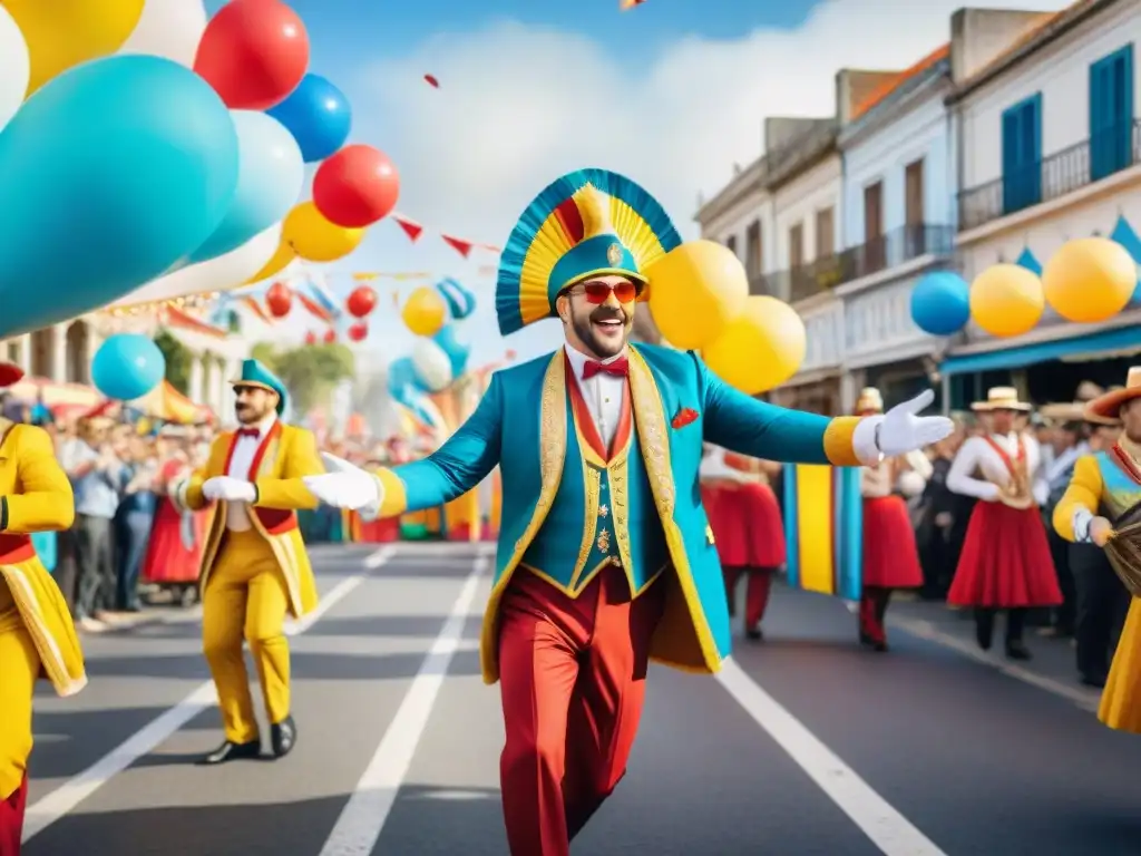 Desfile vibrante de carnaval en Uruguay, con floats coloridos, bailarines y música alegre