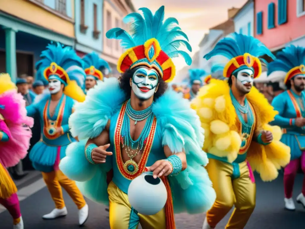 Desfile vibrante de Carnaval en Uruguay con floats coloridos y danzarines en trajes elaborados