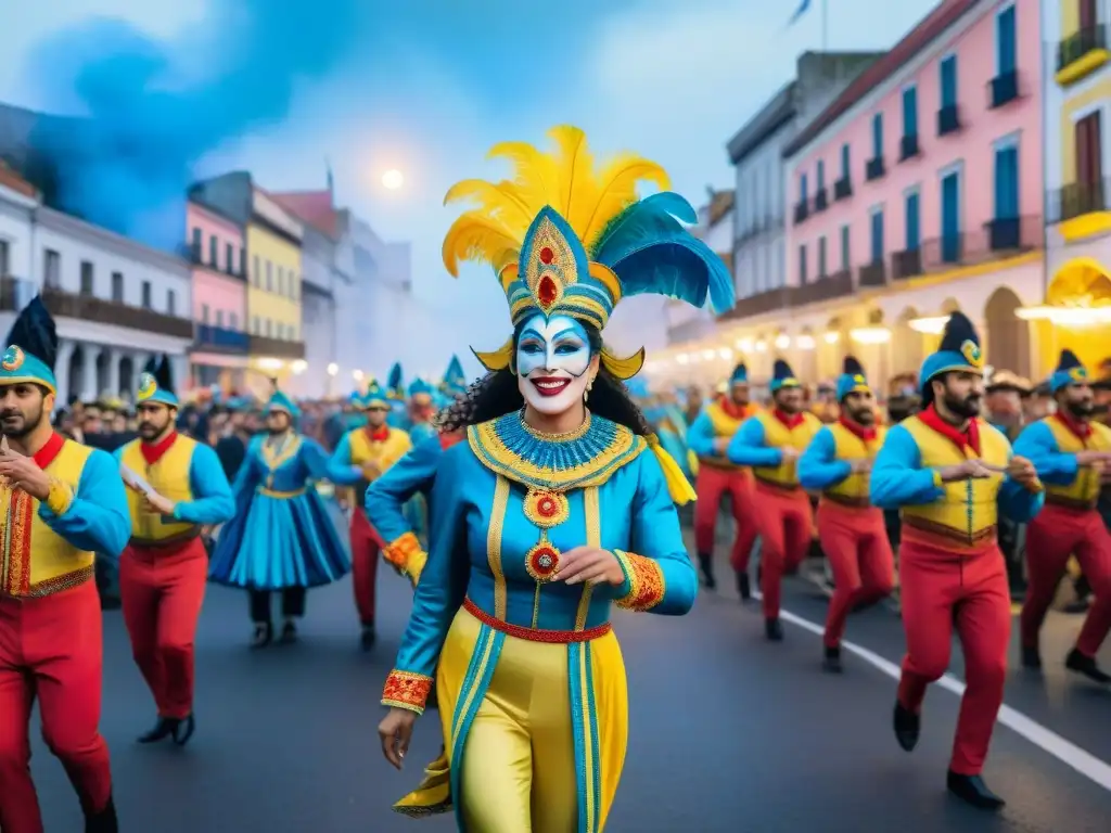 Desfile vibrante de Carnaval en Uruguay, con floats coloridos y una multitud animada