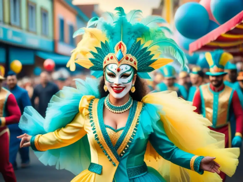 Desfile vibrante de Carnaval con floats coloridos y bailarines en trajes elaborados