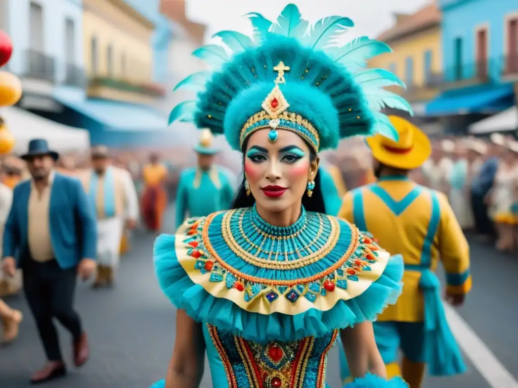 Desfile vibrante del Carnaval en Uruguay, floats detallados y coloridos, bailarines en trajes elaborados, multitud animada