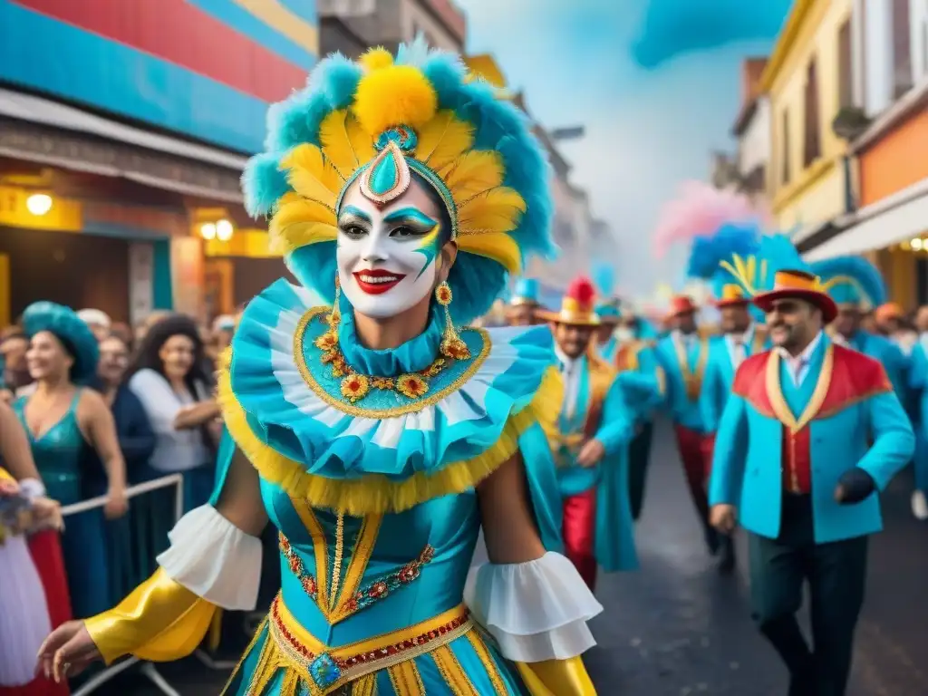 Desfile vibrante de Carnaval en Uruguay: flotantes coloridos, danzarines, espectadores alegres