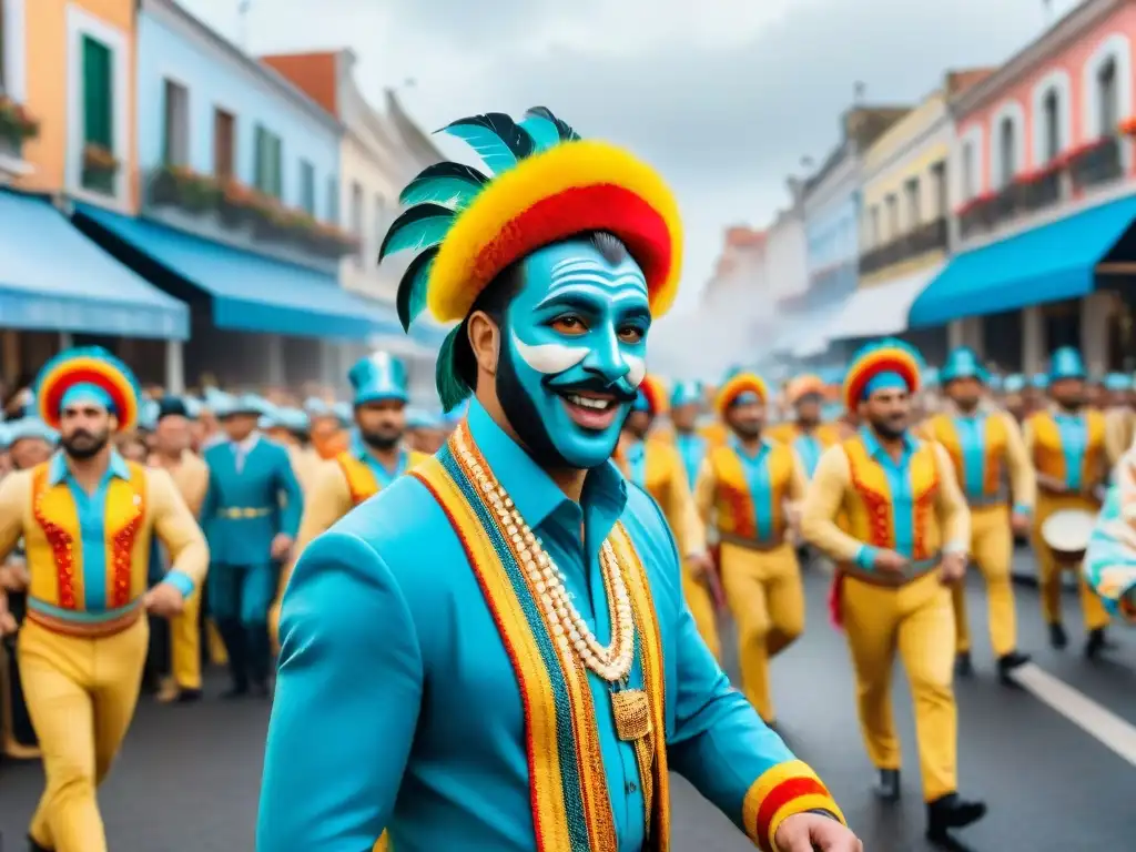 Desfile vibrante de Carnaval en Uruguay: flotas coloridas, bailarines con trajes tradicionales, música alegre y espectadores emocionados