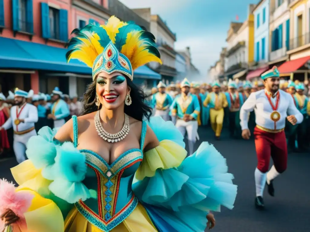 Un desfile vibrante de Carnaval en Uruguay ilustrado con acuarelas detalladas