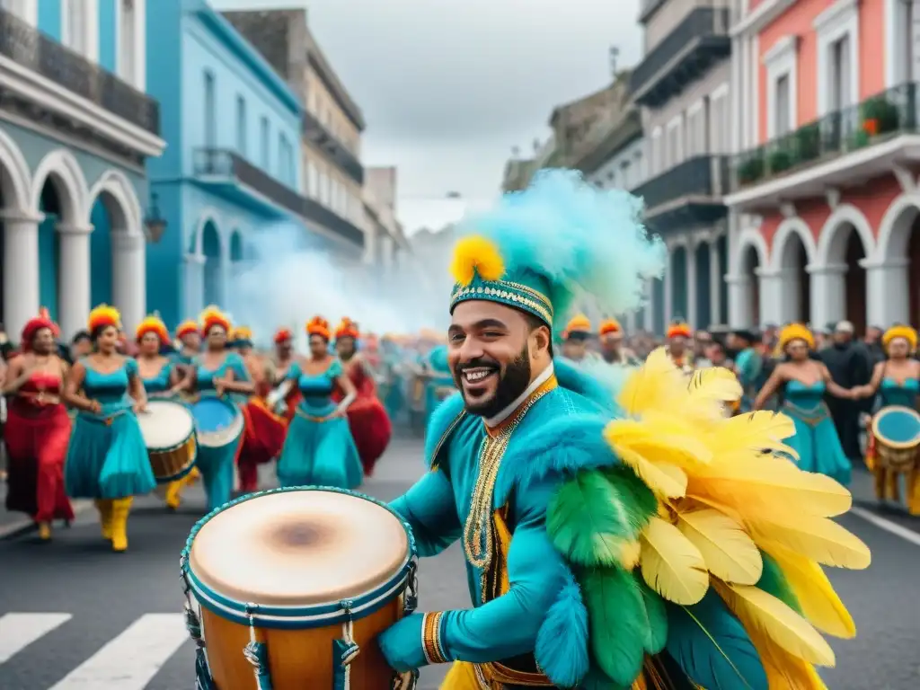 Desfile vibrante de Carnaval en Uruguay con influencia africana: trajes coloridos, danzas energéticas y ritmos tradicionales