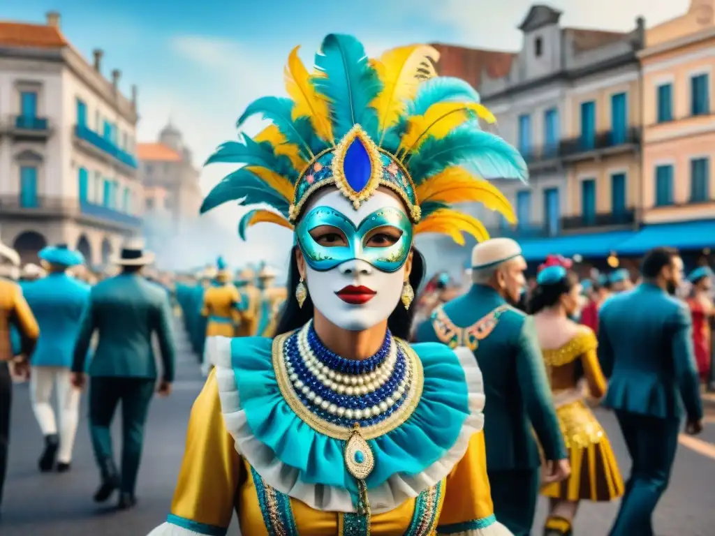 Desfile vibrante de Carnaval en Uruguay con influencia europea en los detalles de los edificios y los trajes coloridos