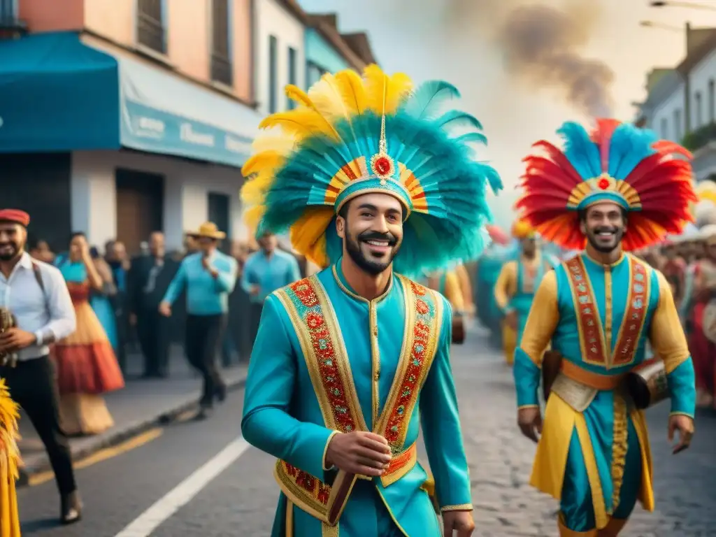 Desfile vibrante de Carnaval en Uruguay con instrumentos reciclados y coloridos