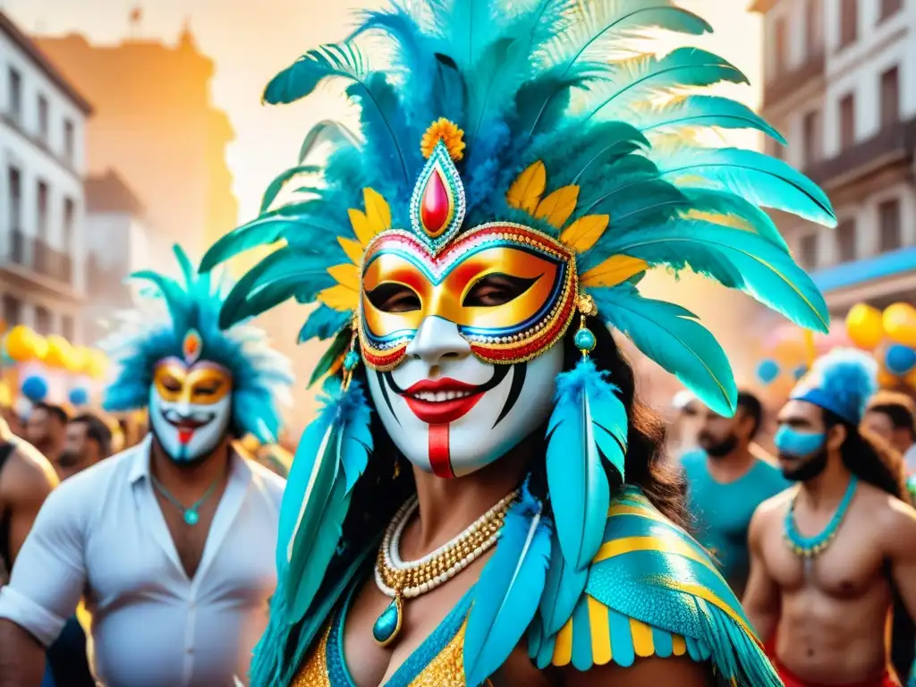 Un desfile vibrante en el Carnaval de Uruguay, con máscaras y plumas coloridas