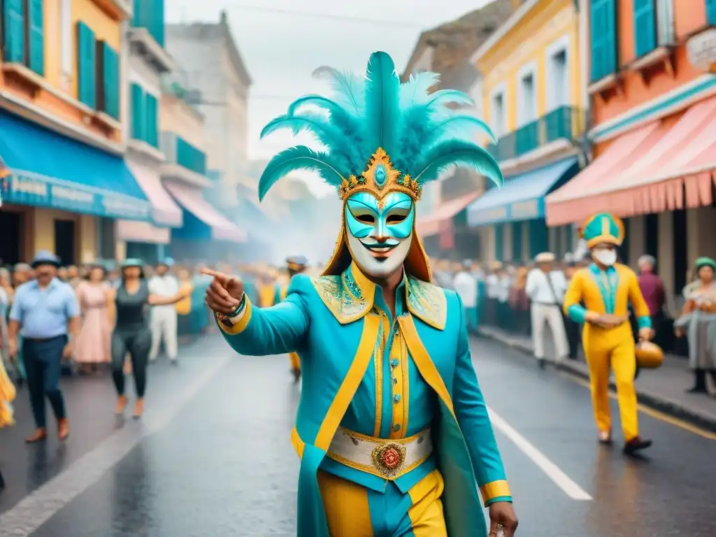 Desfile vibrante de Carnaval en Uruguay con máscaras y carrozas coloridas