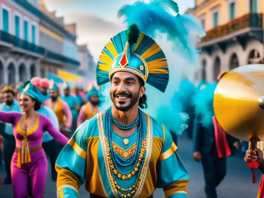 Desfile vibrante de Carnaval en Uruguay con músicos y bailarines en trajes coloridos