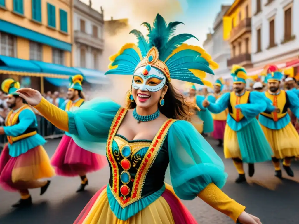 Un desfile vibrante de Carnaval en Uruguay con paleta de colores vibrantes y participantes llenos de alegría