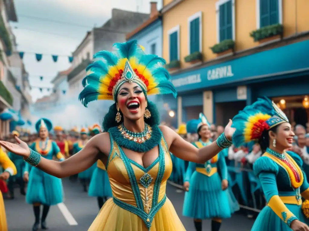 Desfile vibrante en el Carnaval de Uruguay con parodistas