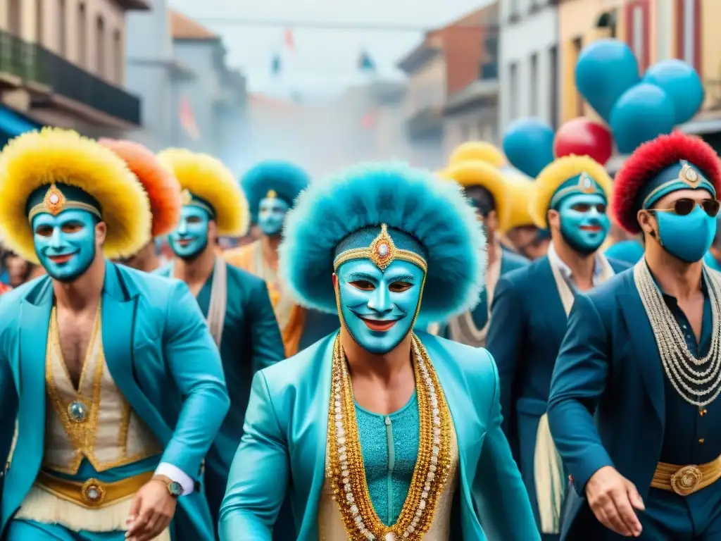 Desfile vibrante durante Carnaval en Uruguay con participantes en trajes tradicionales y máscaras, rodeados de alegría y color