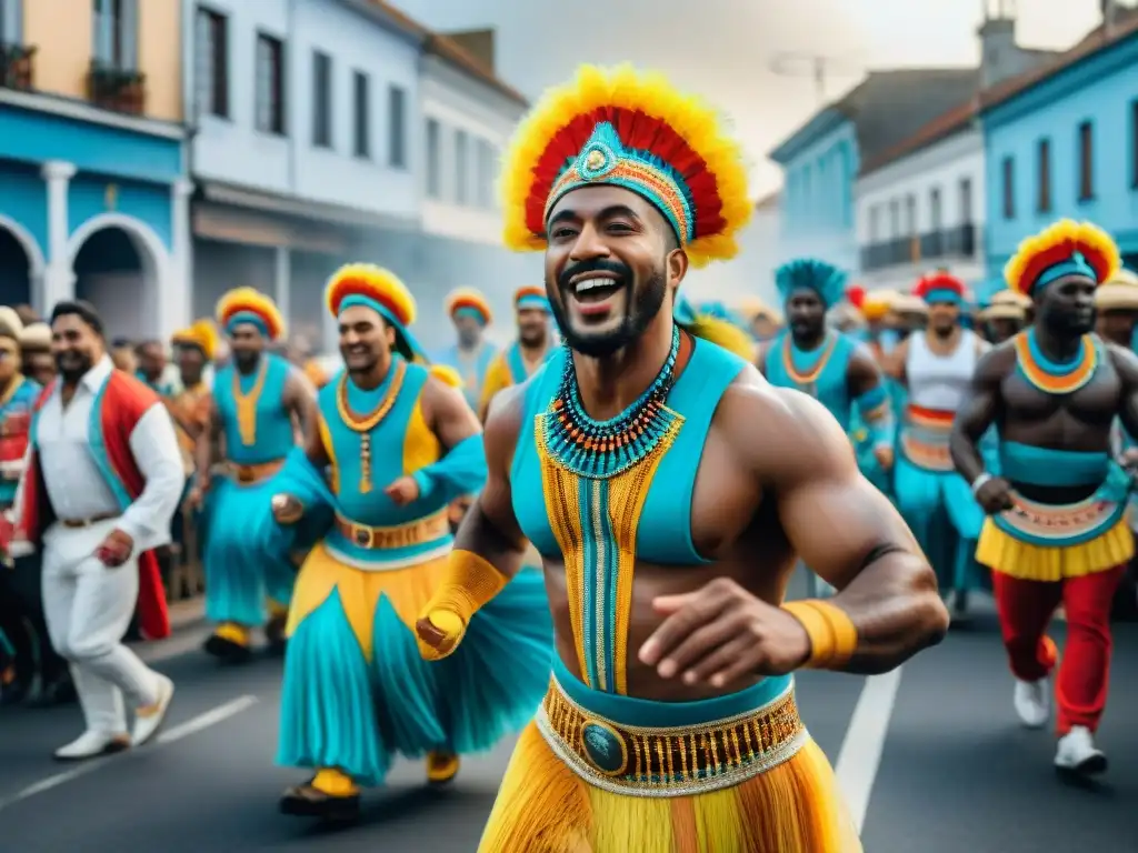 Desfile vibrante en Carnaval de Uruguay con participantes en trajes coloridos inspirados en la diáspora africana