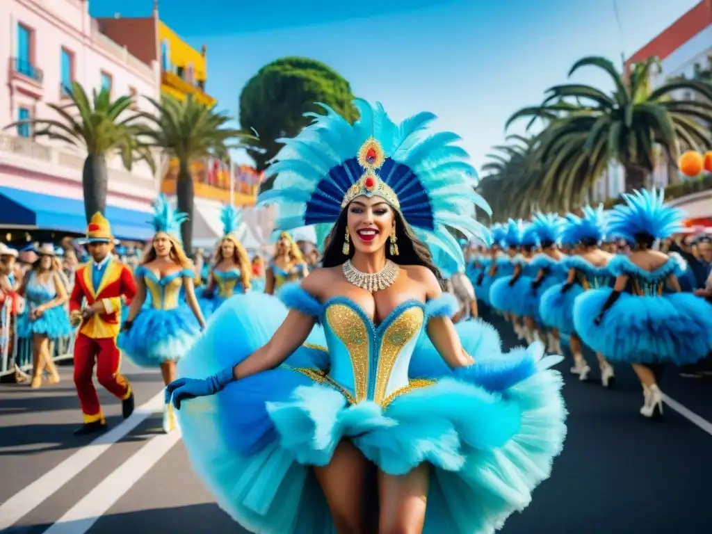 Desfile vibrante de Carnaval en Punta del Este, Uruguay, con coloridos carros alegóricos y espectadores animados