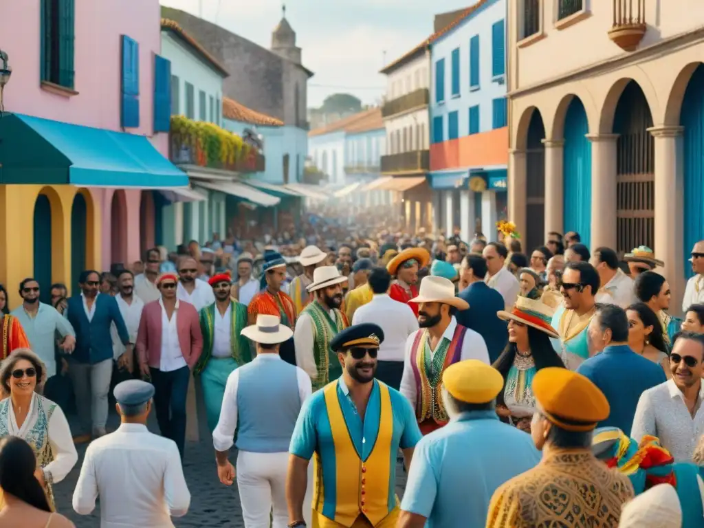 Desfile vibrante de Carnaval en Uruguay con diseño de stands y coloridas decoraciones