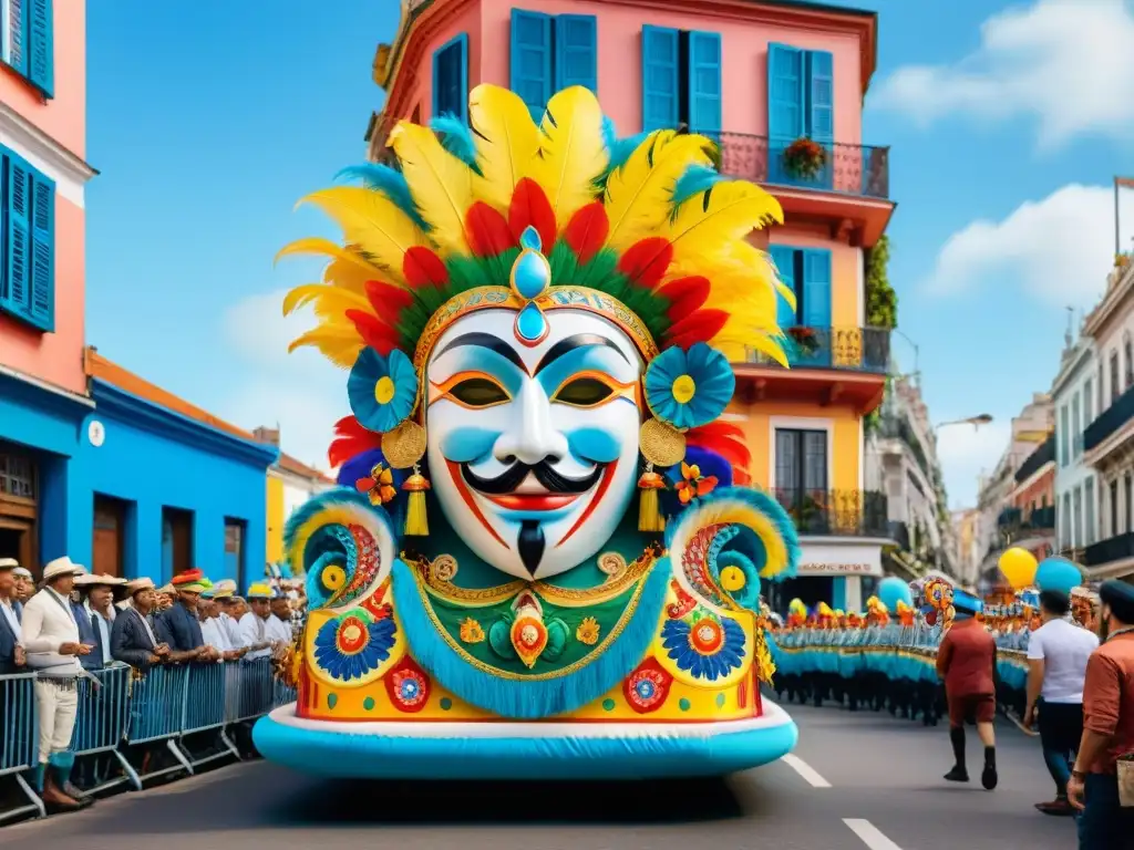 Desfile vibrante de Carnaval en Montevideo con diseño tradicional