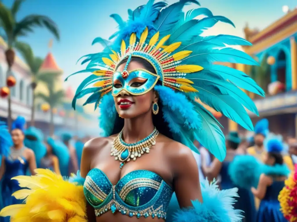 Desfile vibrante de Carnaval: trajes coloridos con lentejuelas, plumas y cuentas, en un escenario festivo con música alegre