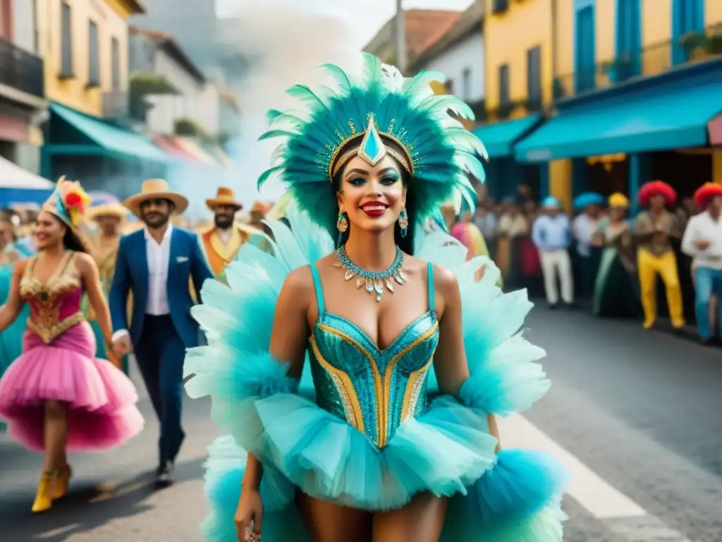 Desfile vibrante de Carnaval en Uruguay con trajes sostenibles y creativos