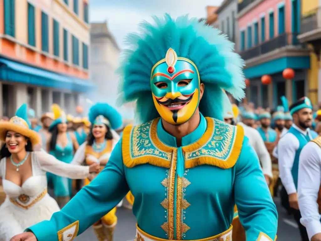 Desfile vibrante de Carnaval en Uruguay con trajes coloridos y música alegre