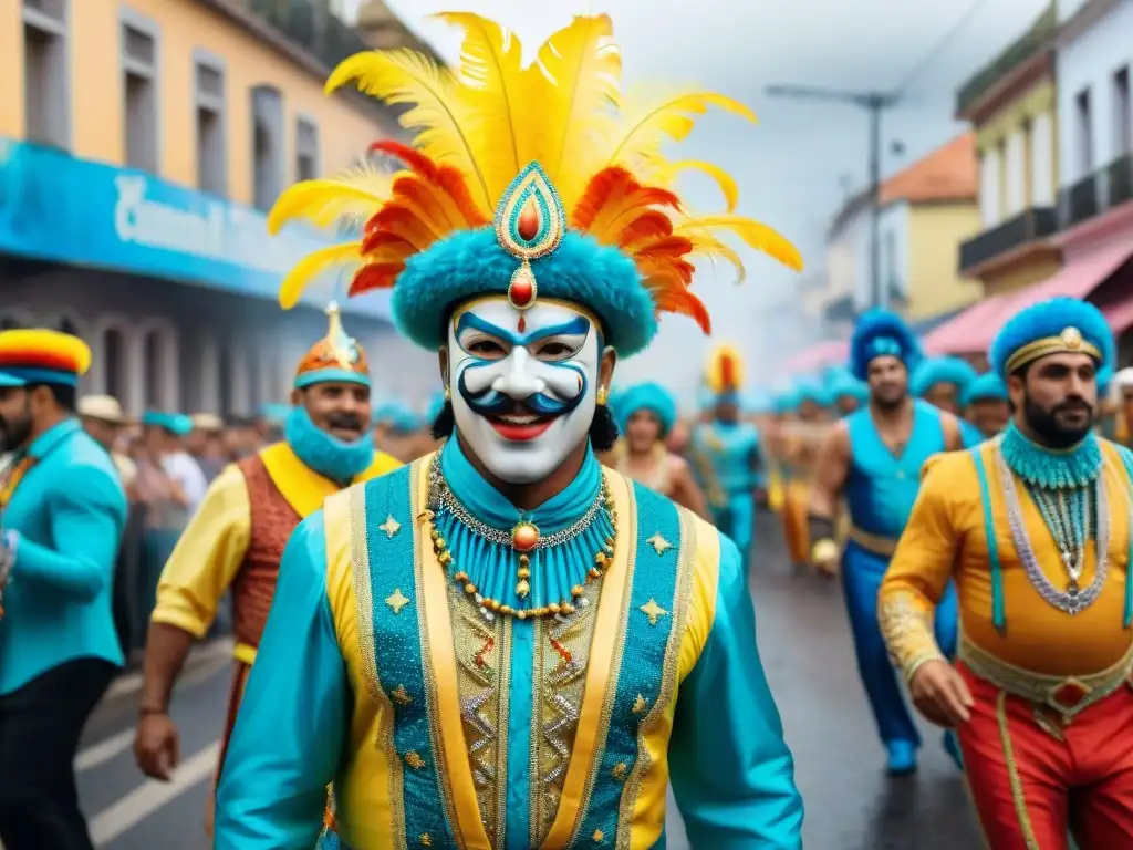 Desfile vibrante de Carnaval en Uruguay, con trajes coloridos y energía de Amorín Batlle Carnaval Uruguayo