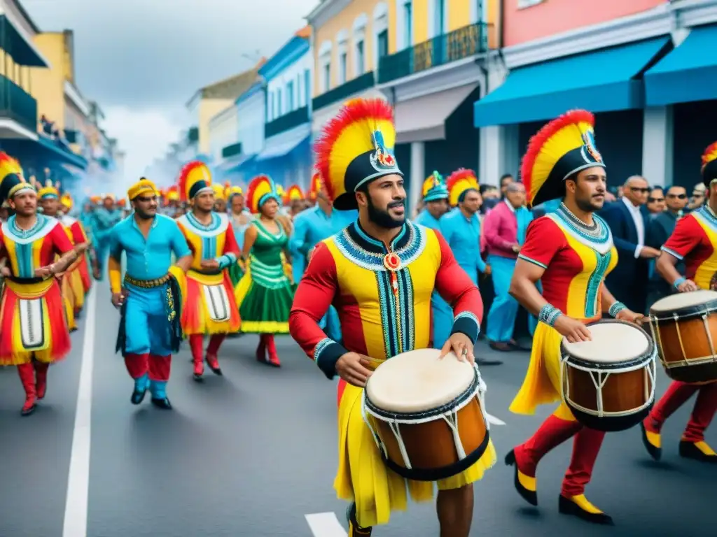 Desfile vibrante de Carnaval en Uruguay con trajes africanos, tambores y espectadores celebrando la historia del candombe afrouruguayo