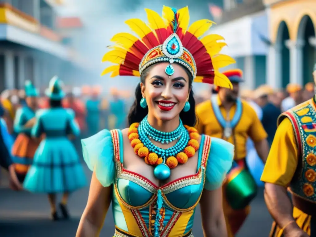 Desfile vibrante de Carnaval en Uruguay, con trajes coloridos y música tradicional, atracción turística