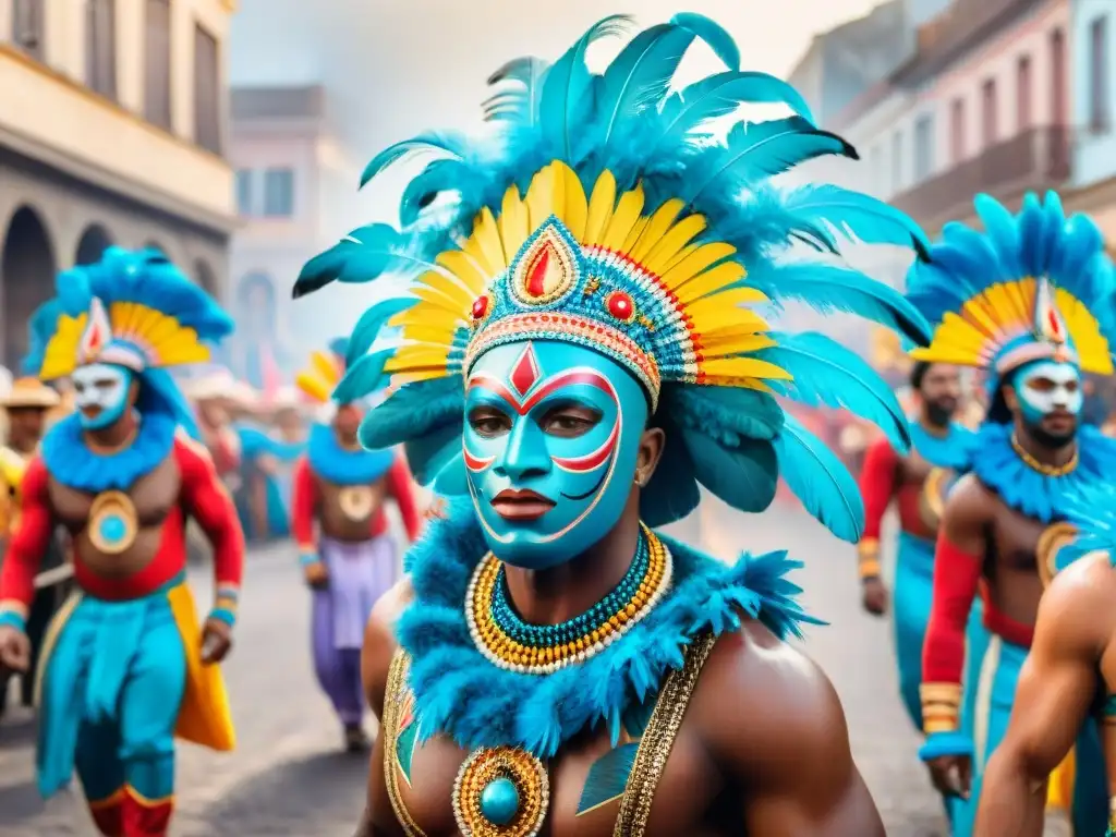 Desfile vibrante del Carnaval en Uruguay, con trajes tradicionales africanos y máscaras coloridas