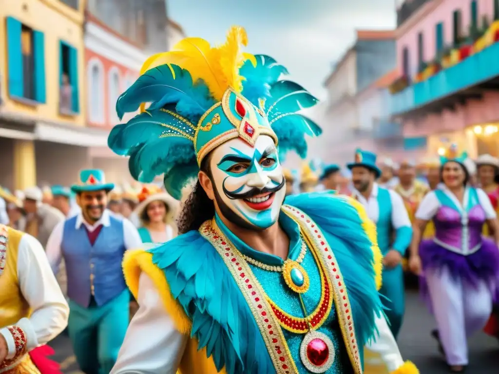 Desfile vibrante de Carnaval en Uruguay con trajes elaborados y carrozas coloridas