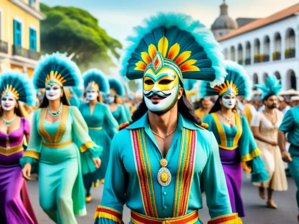 Desfile vibrante de Carnaval en Uruguay con trajes coloridos, máscaras y bailarines en una atmósfera festiva y cultural