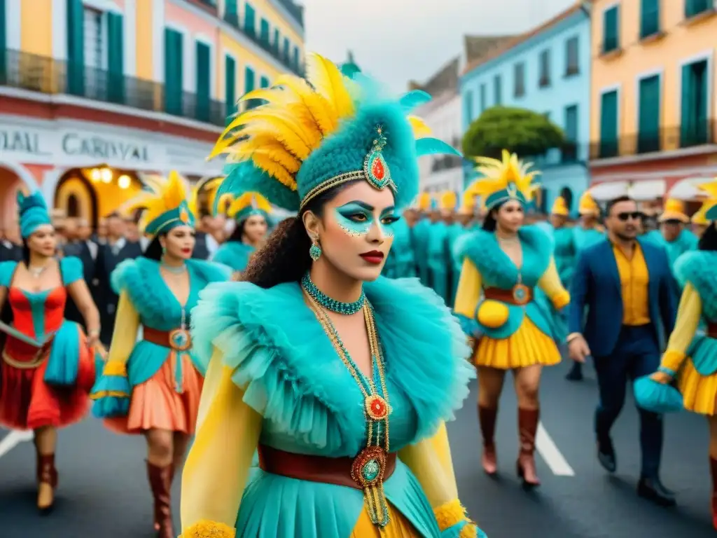 Desfile vibrante del Carnaval en Uruguay, con trajes coloridos y floats, en contraste con edificios coloniales y vegetación exuberante