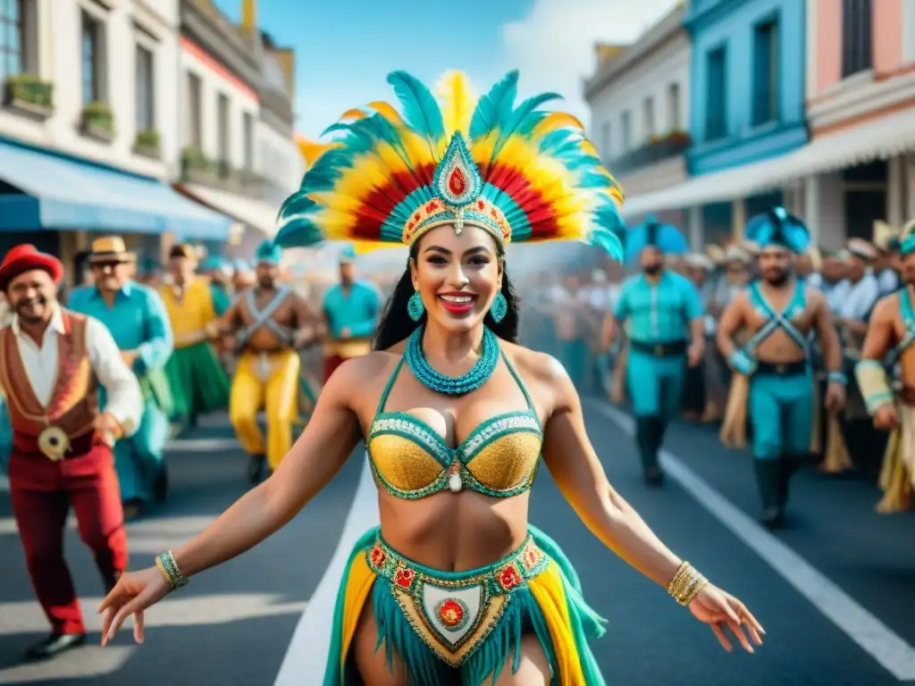 Desfile vibrante de Carnaval en Uruguay con trajes elaborados y música tradicional