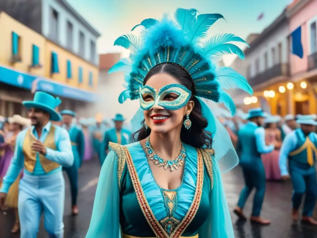 Desfile vibrante de Carnaval en Uruguay con trajes coloridos y música tradicional