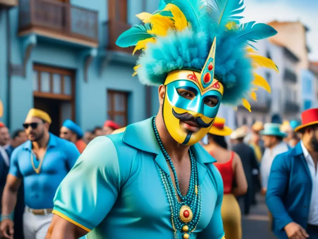 Desfile vibrante de Carnaval en Uruguay con trajes coloridos y músicos, revistas documentan evolución Carnaval Uruguayo