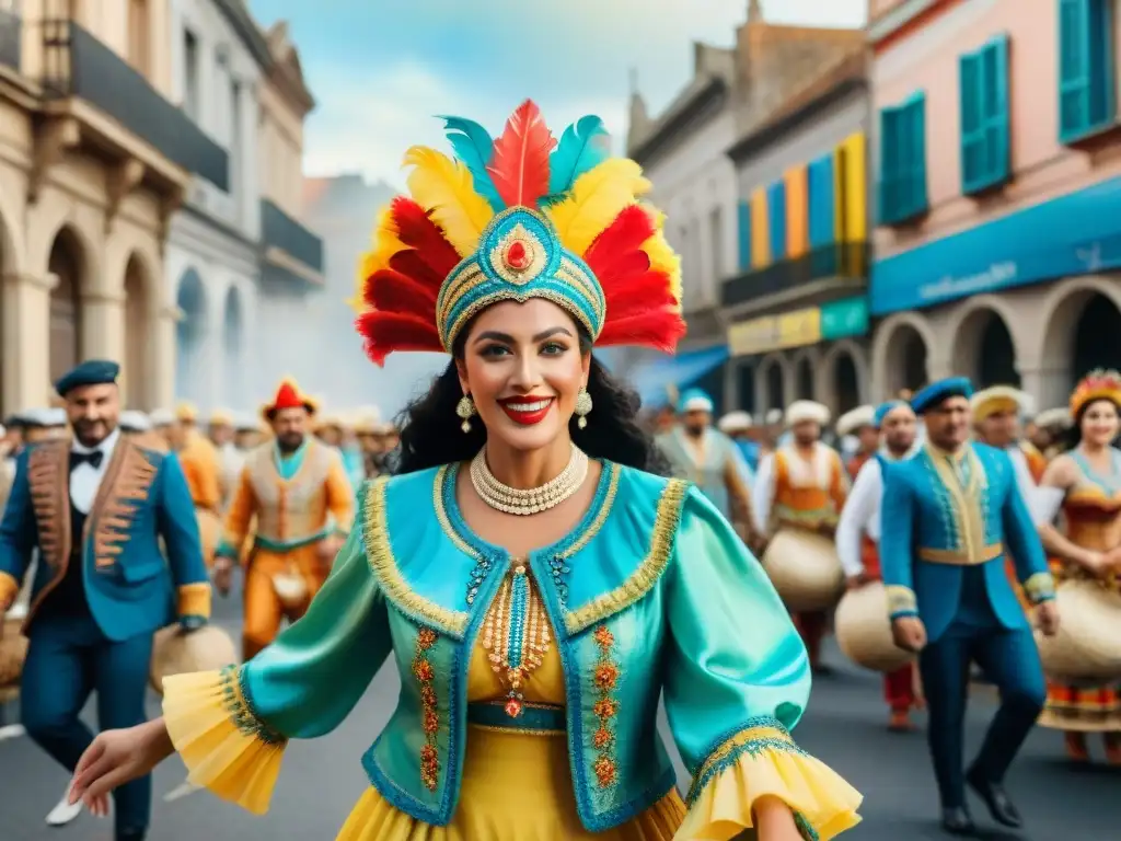 Un desfile vibrante de Carnaval en Uruguay, con trajes elaborados y danzas exuberantes, en medio de una arquitectura colonial histórica