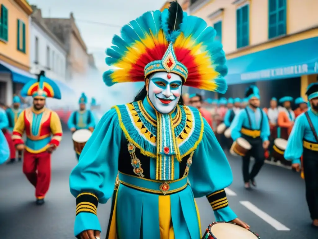 Desfile vibrante de Carnaval en Uruguay con trajes tradicionales y bailarines alegres, reflejando la celebración comunitaria