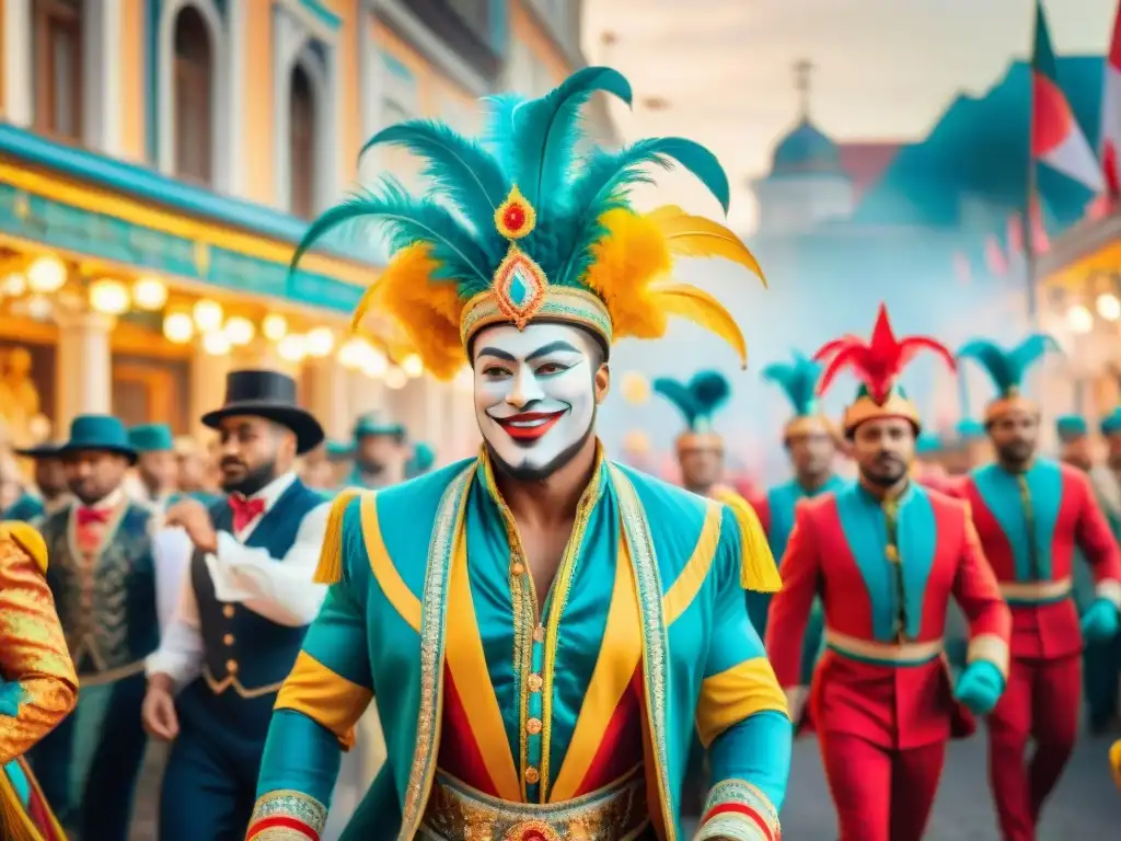 Desfile vibrante de carnaval con trajes coloridos y música animada, reflejando el éxito en el Mercado Carnavalero