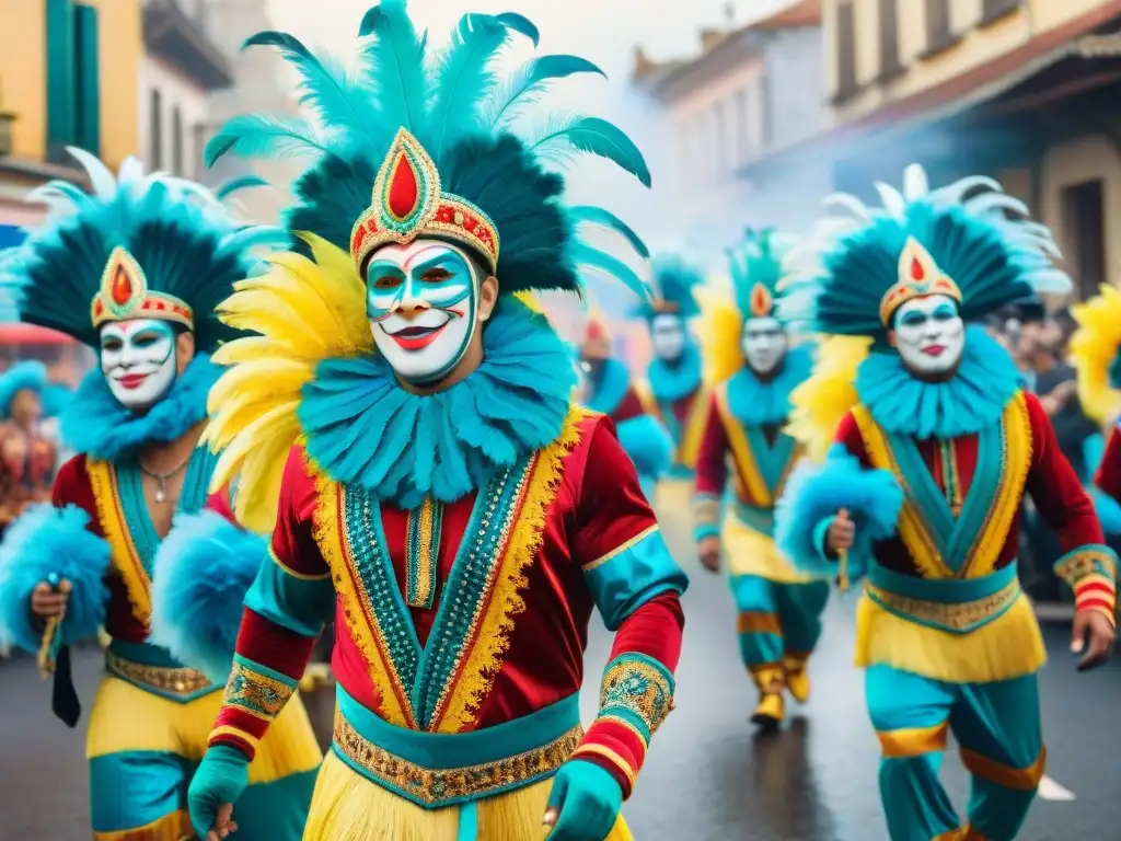 Desfile vibrante de Carnaval en Uruguay: trajes coloridos, carrozas y bailarines llenos de energía