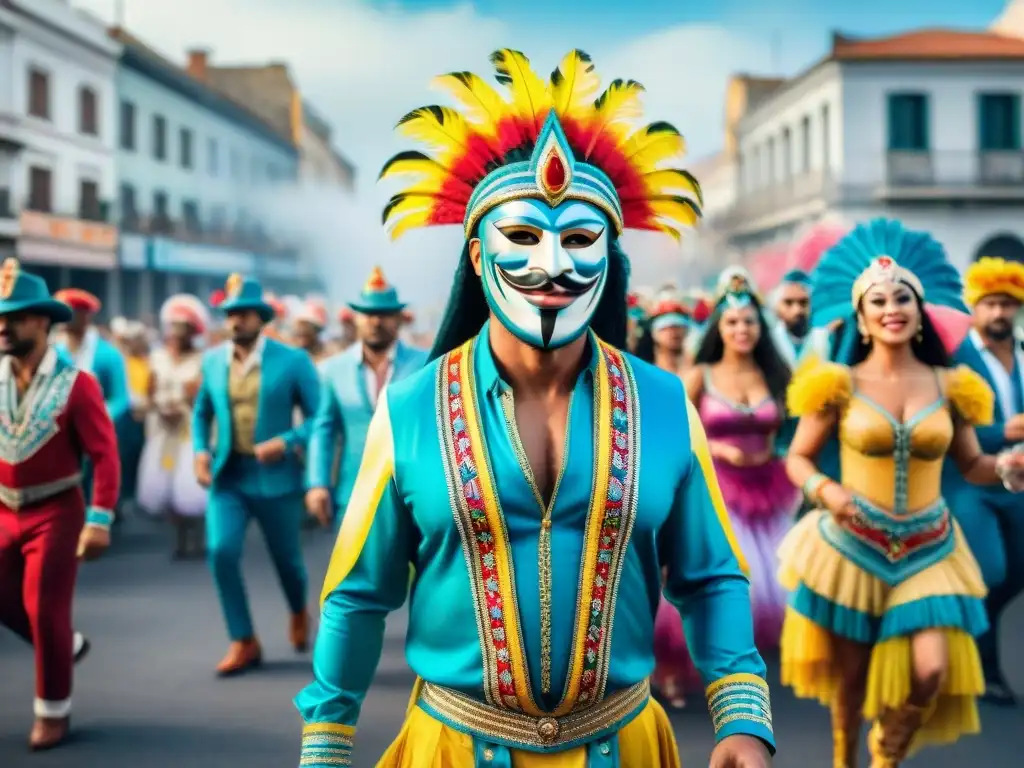 Un desfile vibrante de Carnaval en Uruguay con trajes coloridos y bailarines energéticos