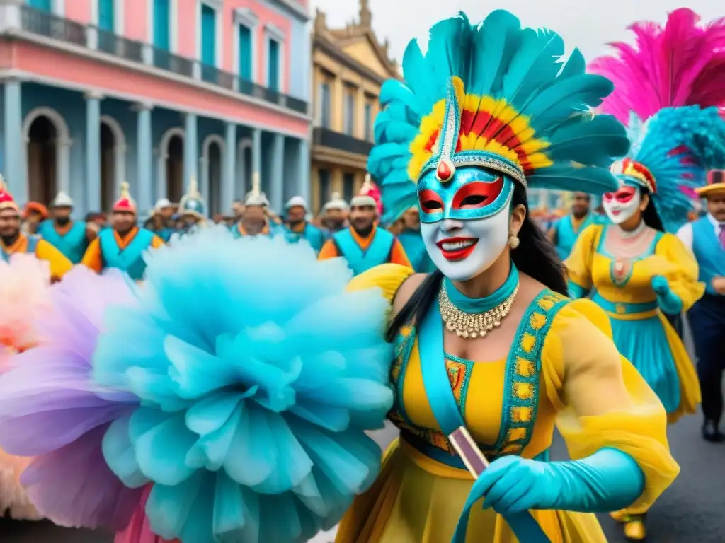 Desfile vibrante de Carnaval en Uruguay con trajes tradicionales y danzas alegres