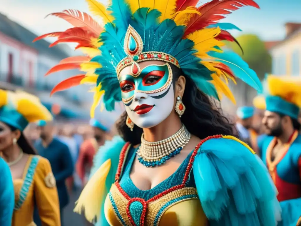 Un desfile vibrante de Carnaval en Uruguay con trajes elaborados y coloridos, ¡un look perfecto Carnaval Uruguayo!