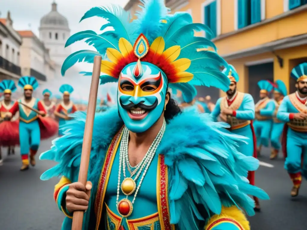 Desfile vibrante de Carnaval en Uruguay con trajes y máscaras elaboradas